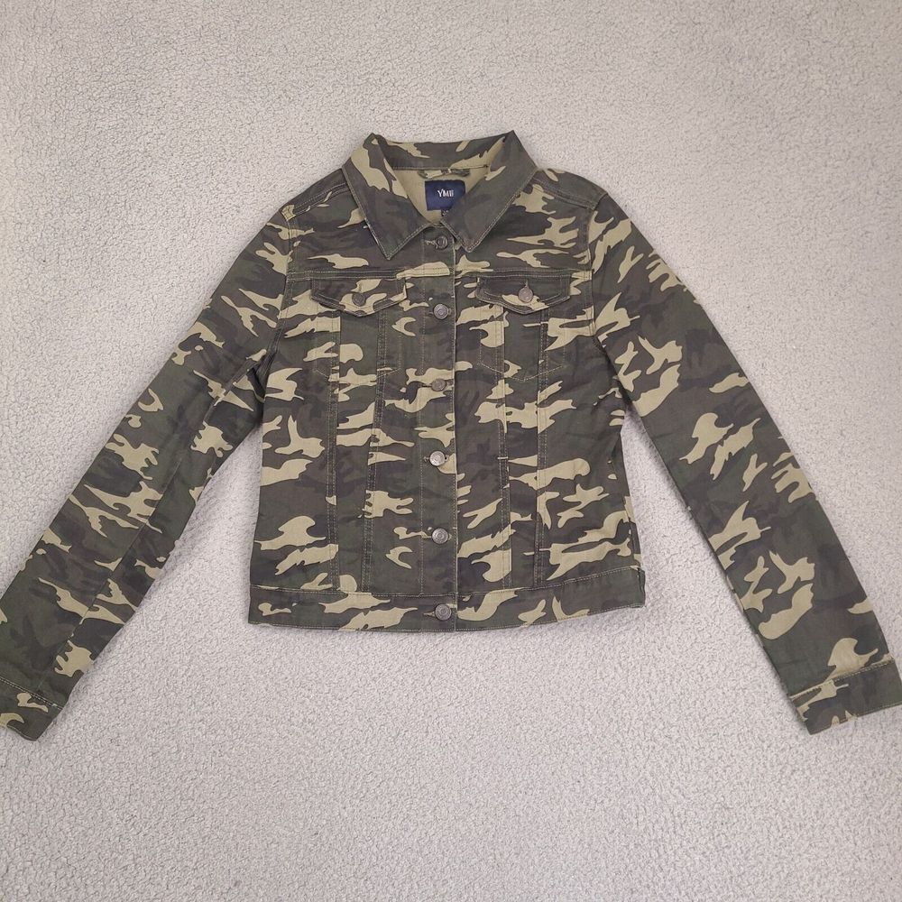 YMI Jean Jacket Womens Large Green Camo Stretch‎ Denim